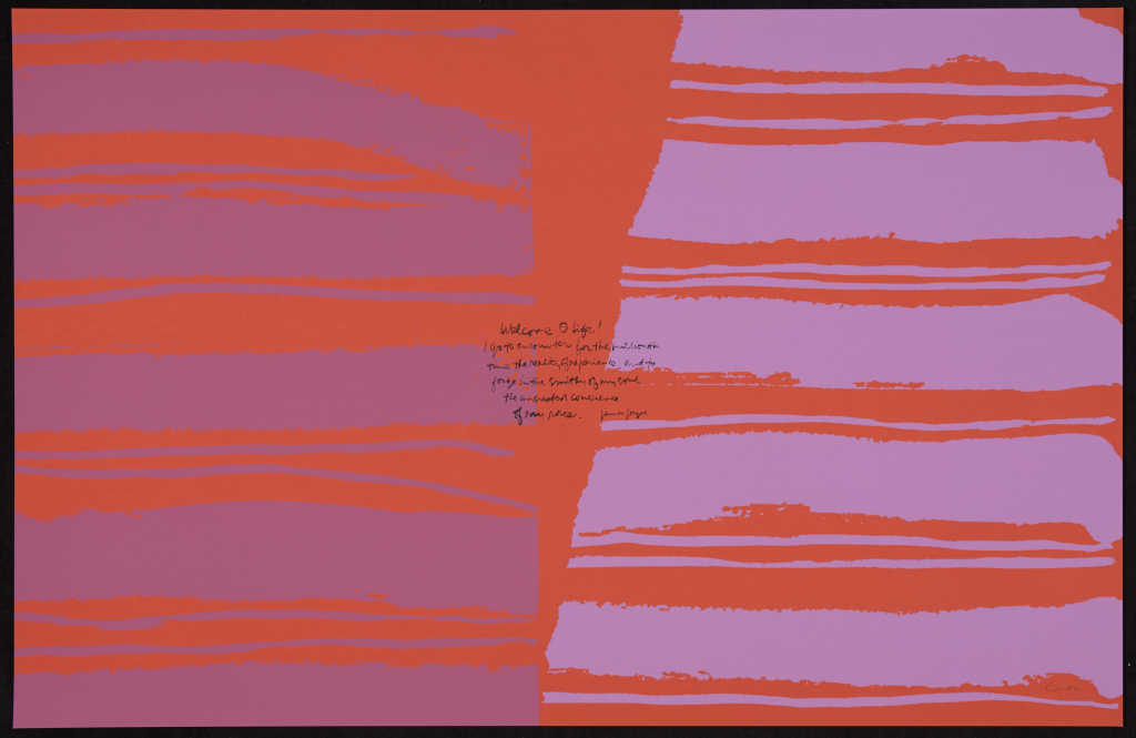 Screenprint with a red background and dark and light purple stripes with text that begins "Welcome O Life"