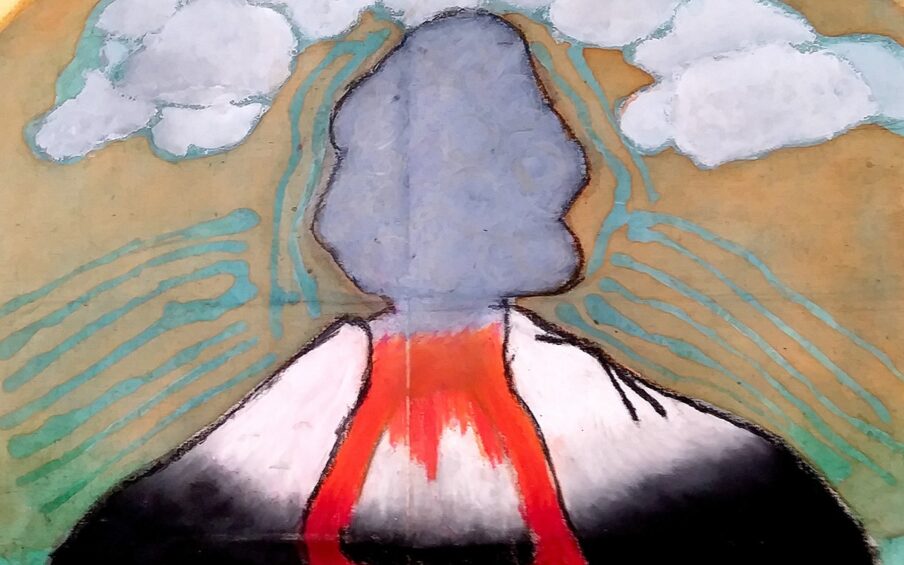 A square-shaped work depicting a triangular mountain that is black at its base blending into white towards the top. Gray smoke outlined in black rises from the mountain’s apex. Above and on either side, paler gray and white clouds, outlined in sage green surround the smoke. Two red trails of lava are shown running down the mountain and meeting at its base. Several uneven, parallel lines in sage green run along each side of the mountain’s outer slopes and on either side of the smoke cloud. A coffee-brown semi-circle starting near the mountain base and reaching the top of the picture at center serves as a background, leaving two triangular corners at top right and left. They are butter yellow in color. Below the mountain base is more of the sage green completing the foreground. Creases in the work, as if it has been folded in quarters, are visible.