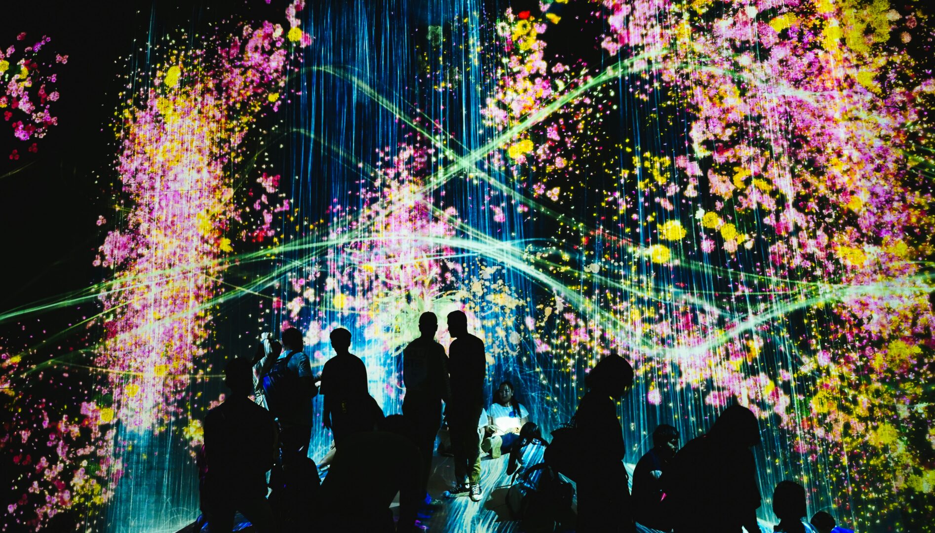 Dark scene with the outlines of people looking at multi-colored and multi-patterned lights.