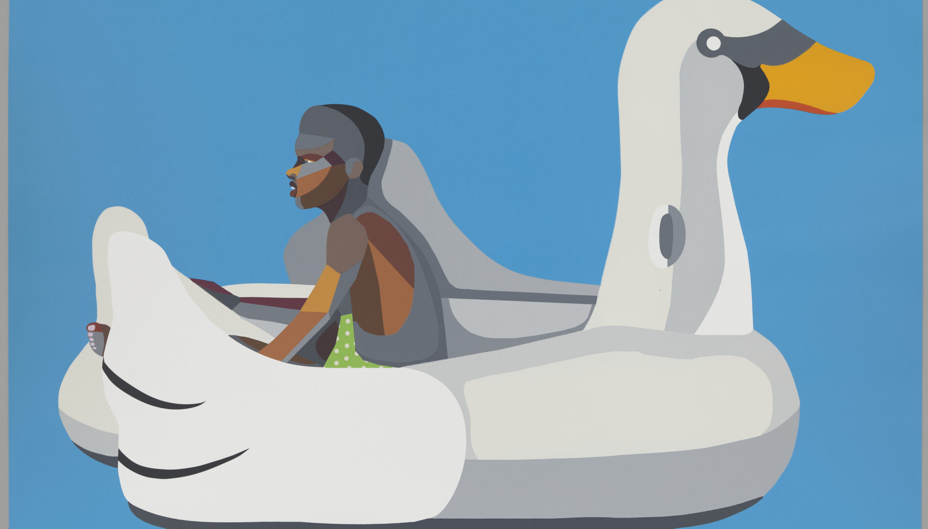 Print with a bright blue background of a Black boy sitting on a big white swan