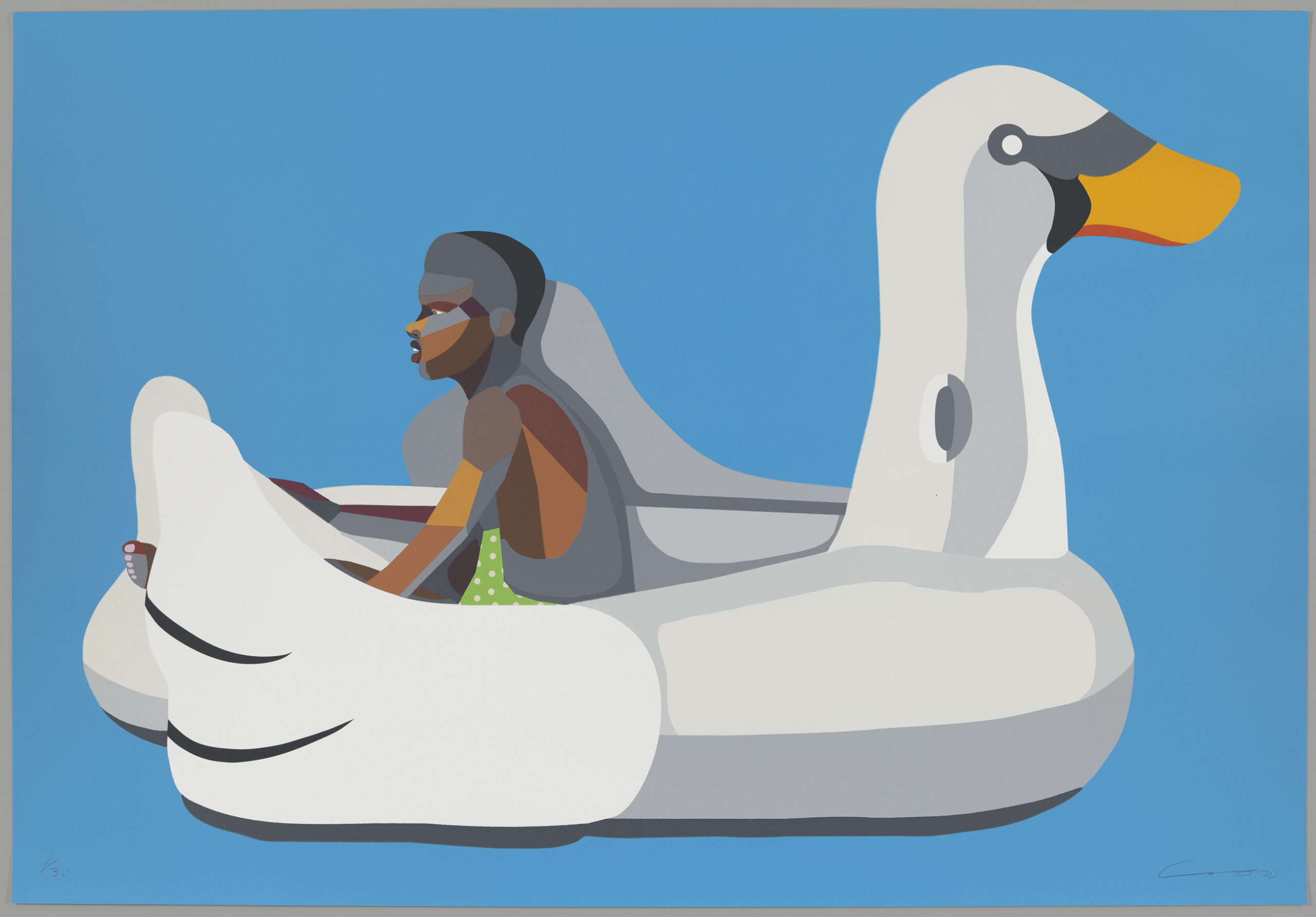 Bright blue background of a Black boy sitting on a big white swan