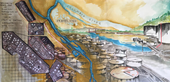 A hand painted map of the Columbia and Willamette Rivers.