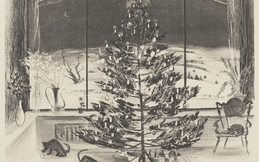 Image description: Christmas Eve, Adolph Dehn, lithograph on cream wove paper, image: 8 5/8 x 11 1/4 inches; sheet: 12 1/2 x 18 1/8 inches. A lithograph in tones of charcoal gray on cream paper shows a decorated Christmas tree in an interior setting before a large window with a snowy outdoor scene. The tree is centered in front of the large picture window and has branches covered with ornaments, garlands, and lights and topped with a bright star. Near the tree’s trunk, branches are sparse but become full and bushy as they radiate outward. Below the tree are a few toys: a truck, a doll, a toy gun and a spinning top, among others. At lower left two small, dark cats play with fallen ornaments. At lower right, another cat naps in a carved chair. Behind the tree is a large window, divided in thirds, revealing a snowy, countryside scene under a dark, star filled sky. A tiny crescent moon appears in the sky at upper left. At center left, a large bare tree displays spiky branches, while at right smaller evergreen trees cluster near distant homes amid snow covered hills. The window scene is framed on either side by filmy sheer curtains and a wide window ledge runs beneath it holding two flower filled vases and left and a potted fern at right.