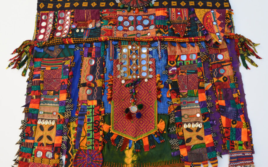 Adriene Cruz (American, born 1953), Egungun, 2013, mixed media embellished fabric, 32" x 36", Collection of Adriene Cruz