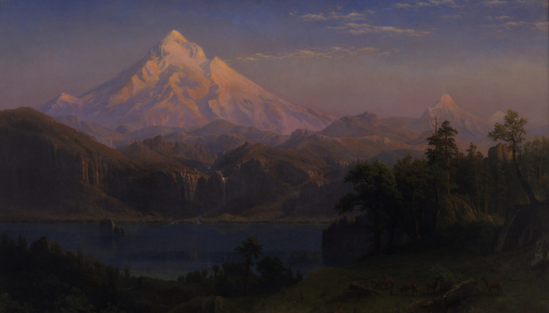 A landscape painting of a snowcapped mountain and a lake.