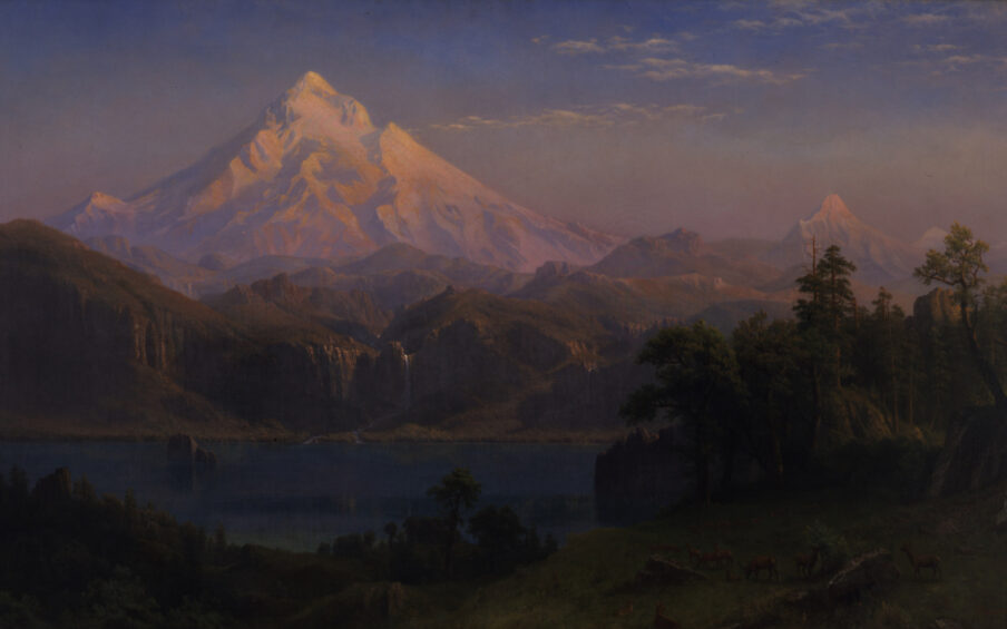 A landscape painting of a snowcapped mountain and a lake.