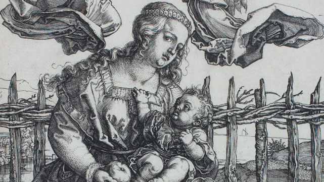 Black and white etching of a mother holding a baby with two angels above her head