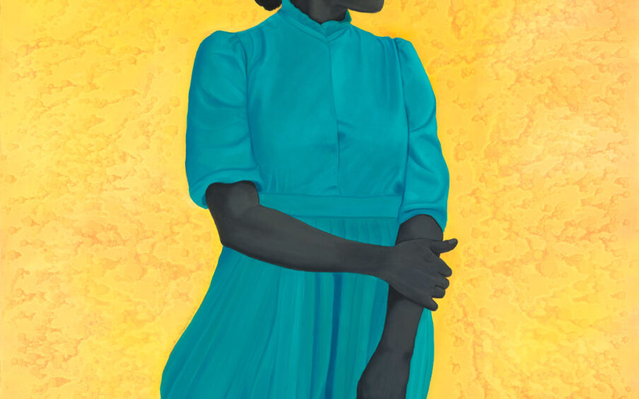 Image description: Saint Woman, Amy Sherald, 54 x 43 inches, oil on canvas. A portrait of a Black woman in a blue dress, looking to the side against a brilliant yellow background. The woman is shown from the knee up, her body facing front while her head is turned to the right. Her dark skin is painted in hues of deep gray. Her hair is big and full, creating a cloud of black curls around her face. She has high cheekbones, fine arched eyebrows and dark eyes. She wears a high necked turquoise blue dress with elbow length sleeves puffed at the shoulder. Her right arm crosses her body and grasps her left arm which rests by her side. The skirt of her blue dress is softly pleated and gently flares out to the left as if caught in a breeze. The bright yellow textured background seems to glow behind her.