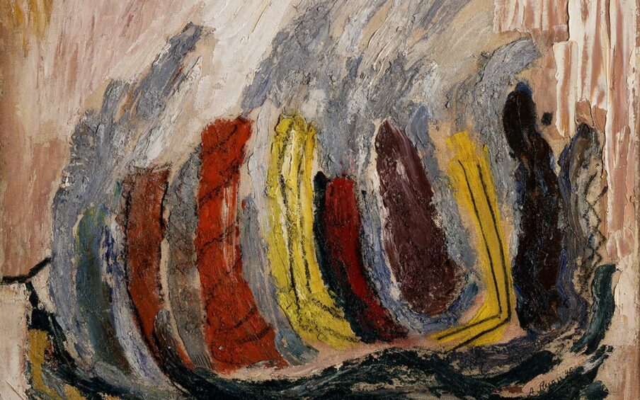 Untitled, Anne Ryan, 11 ¾ x 15 ¾ inches, oil and charcoal on mounted board. A horizontal, rectangular painting featuring abstract brushwork and thick, textured paint application in brown, yellow, orange, blue, gray, and black. At the center are a grouping of narrow, vertical blocks of color. The orange, brown, and yellow areas are thickly and roughly painted with charcoal line patterns created on top of the paint. Two bright yellow vertical blocks have vertical black charcoal lines. Between the two yellow are a dark terracotta block and a deep muted burgundy block. To the left of this central grouping are two more terracotta shapes, one with diagonal charcoal stripes. At far right of the center grouping is a deep blue, almost black shape with flecks of red next to a thin brushstroke of dark paint with X markings made of charcoal. Beneath the vertical shapes are undulating black brush strokes that seem to bookend the central brushwork. Gray, white, and blue paintwork surround the central shapes blending into taupes and whites at the outer edges and top. Paint is applied thickly and creates a highly textured painting.