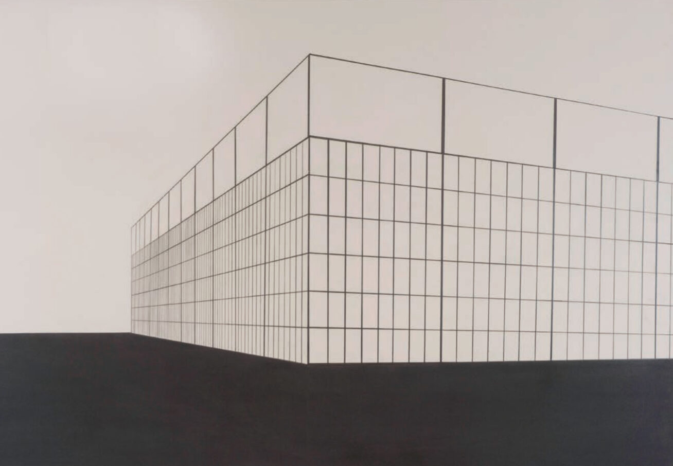 Black and white drawing of a building made up of a grid of rectangles