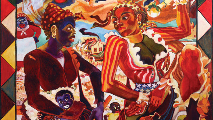 Painting of two Black women surrounded by racist images and Klu Klux Klan members and Abraham Lincoln.