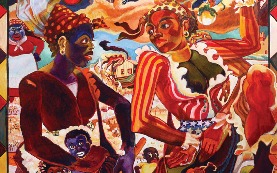 Painting of two Black women surrounded by racist images and Klu Klux Klan members and Abraham Lincoln.