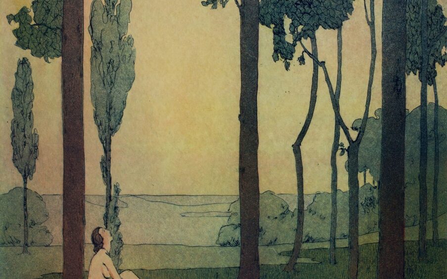 Image description: Beatrice S. Levy, Song of Summer, 1914, color etching,14 x 10 inches. Vertical rectangular color print in languid hues of greens and yellows. A pale, nude, female seated figure on a grassy bank gazes up into a canopy of dark green foliage at a small, perched red bird. The figure sits with her back against a dark tree trunk, one of three, with much smaller trees in the background. Her reflection is mirrored in a green-yellow body of water at the foreground of the scene. In the distant background there are clusters of trees rendered in a pale blue green with a pale clear sky contrasting the darker subjects in the foreground.
