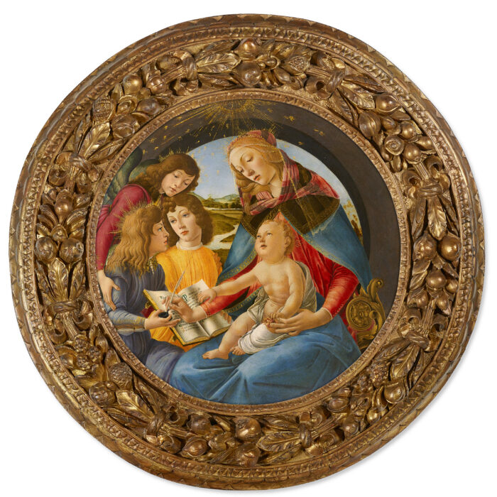 Painting of Madonna and Jesus surrounded by angels in an ornate gold frame