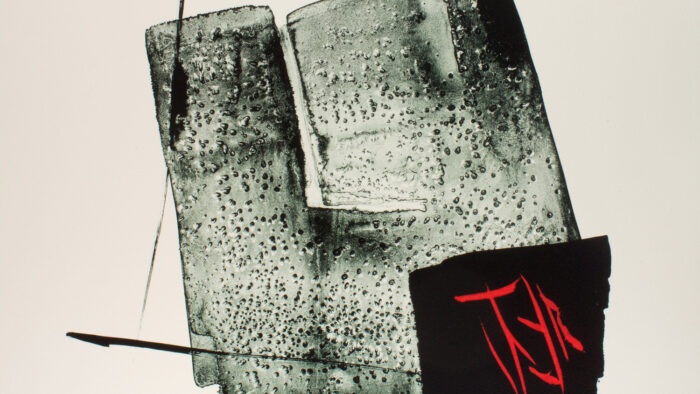 Abstract print with black in with writing in red at the bottom right