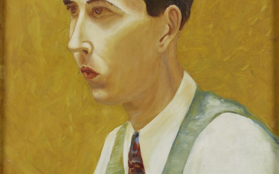 Portrait of a young, light-skinned Asian man, facing left in three-quarter view. He has a small mouth, his lips pursed, thin dark eyebrows, high cheekbones and a long thin nose. His brownish eyes are fixed in an intense gaze off to the left. He has a brown, full head of hair brushed back and elongated ears. Brushstrokes are visible in his hair and skin. Light catches the bridge of his nose, his cheekbones forehead and chin. Some areas reveal the weave of the canvas on which the portrait is painted. The figure wears an off-white collared shirt, with a blue-gray vest with horizontal brushstrokes of white and gold creating texture. A necktie depicted in red, blue and gold brushstrokes is visible at the throat. The background is a rich mustard gold color achieved by multiple brushstrokes filling the entire space.