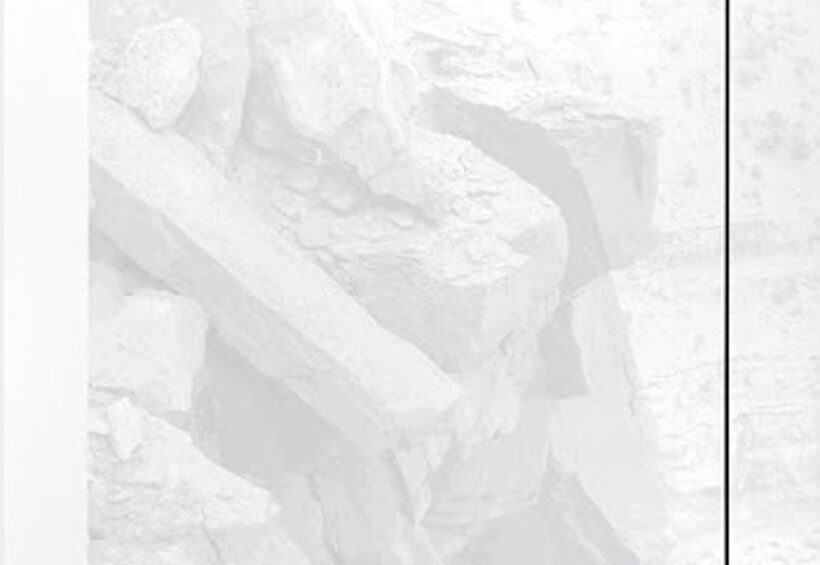 Image description: Selvian, Cameron Martin, 53 x 40 inches, acrylic on canvas. A portrait-oriented work showing a close view of a rocky landscape in very pale shades of grays and white. Large chunks of rock jut out from the left in the foreground, haphazardly stacked and seemingly crumbling. The background contains more rough terrain in even paper monotone shades. A white border edges the top, bottom, and left side of the painting. A thin, black line runs over the image across the top, down right side and halfway across the bottom of the image.