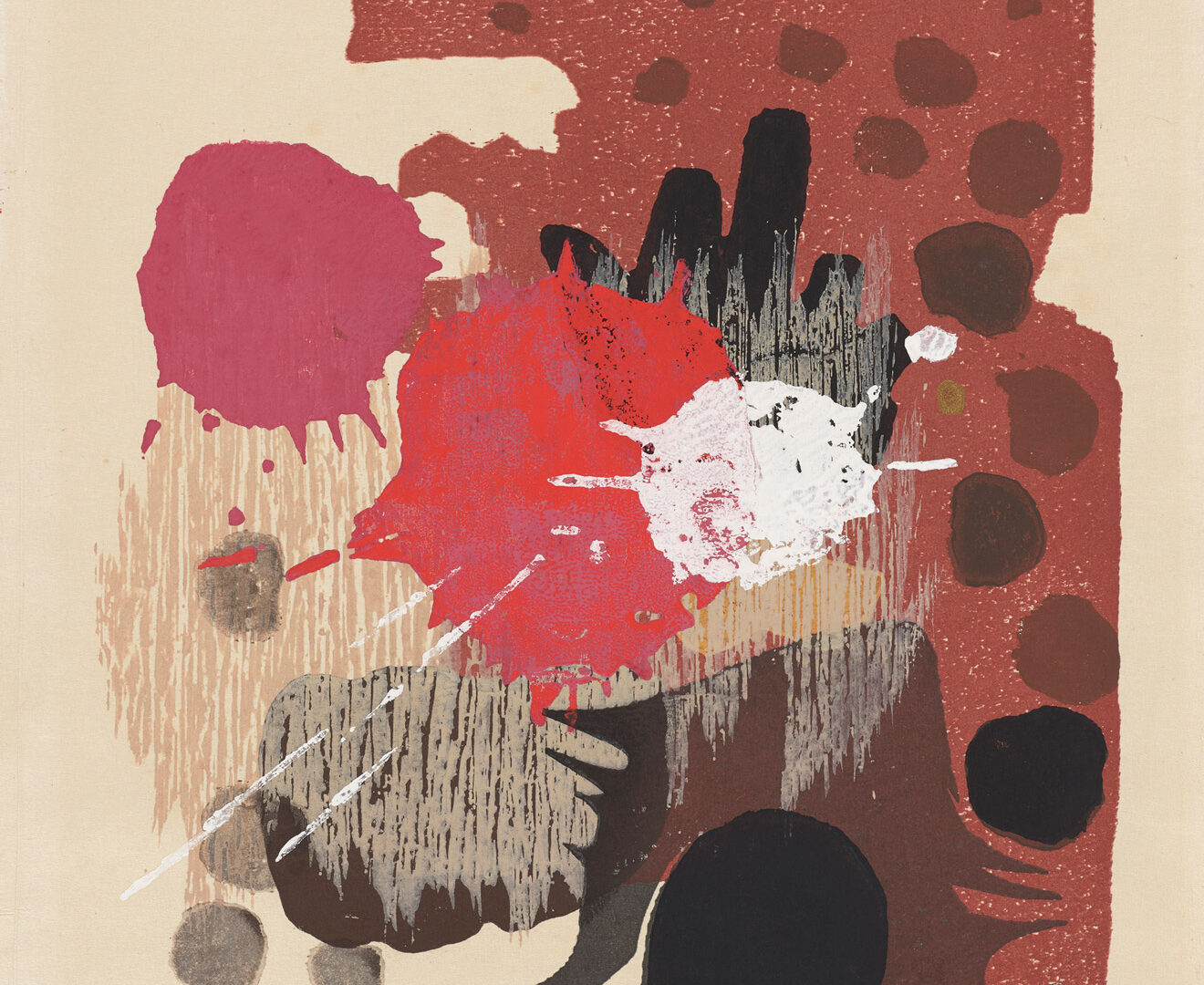 Abstract print with red, pink, and brown colors and shapes
