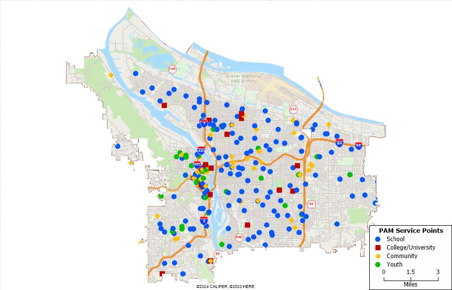 Map of schools, colleges, universities, community organizations, and youth organizations that visited the Portland Art Museum, 2019–2024.