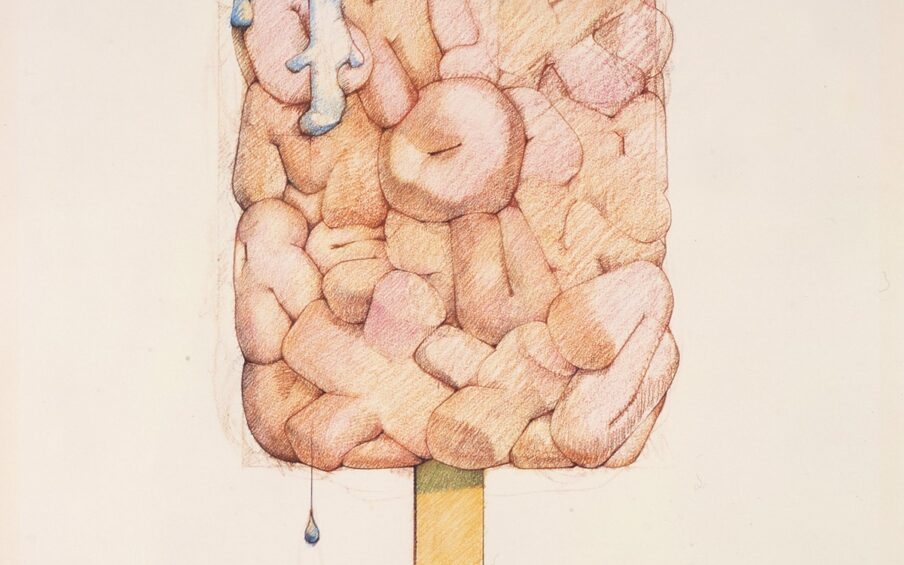 A vertical rectangular image of an ice cream bar composed of puffy alphabet letters on a wooden stick. The letters bulge and recede in colors of buff, cocoa, and light browns. The background is off-white. The upper-left corner of the bar shows the letter A in white and blue, suggesting the inside of the coated bar dripping downward. A single teardrop shaped drip is seen just below the lower left of the bar. The bar and stick are rendered to suggest a color pencil sketch with visible shading and hatch marks throughout.