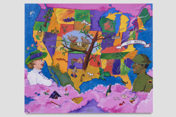 Painting of the map of the United States with pink clouds surrounding and a white woman at the lower left and a Black soldier at the lower right