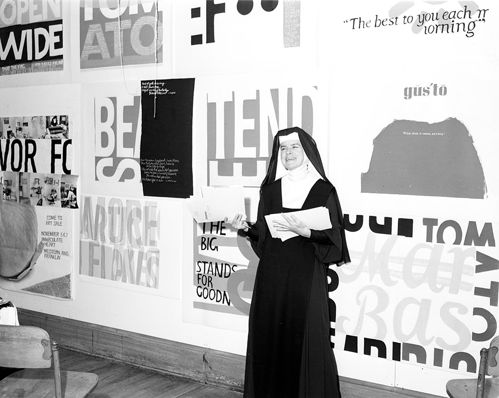 Corita at Immaculate Heart College ca. 1964. Courtesy of Corita Art Center/Immaculate Heart Community, Los Angeles
