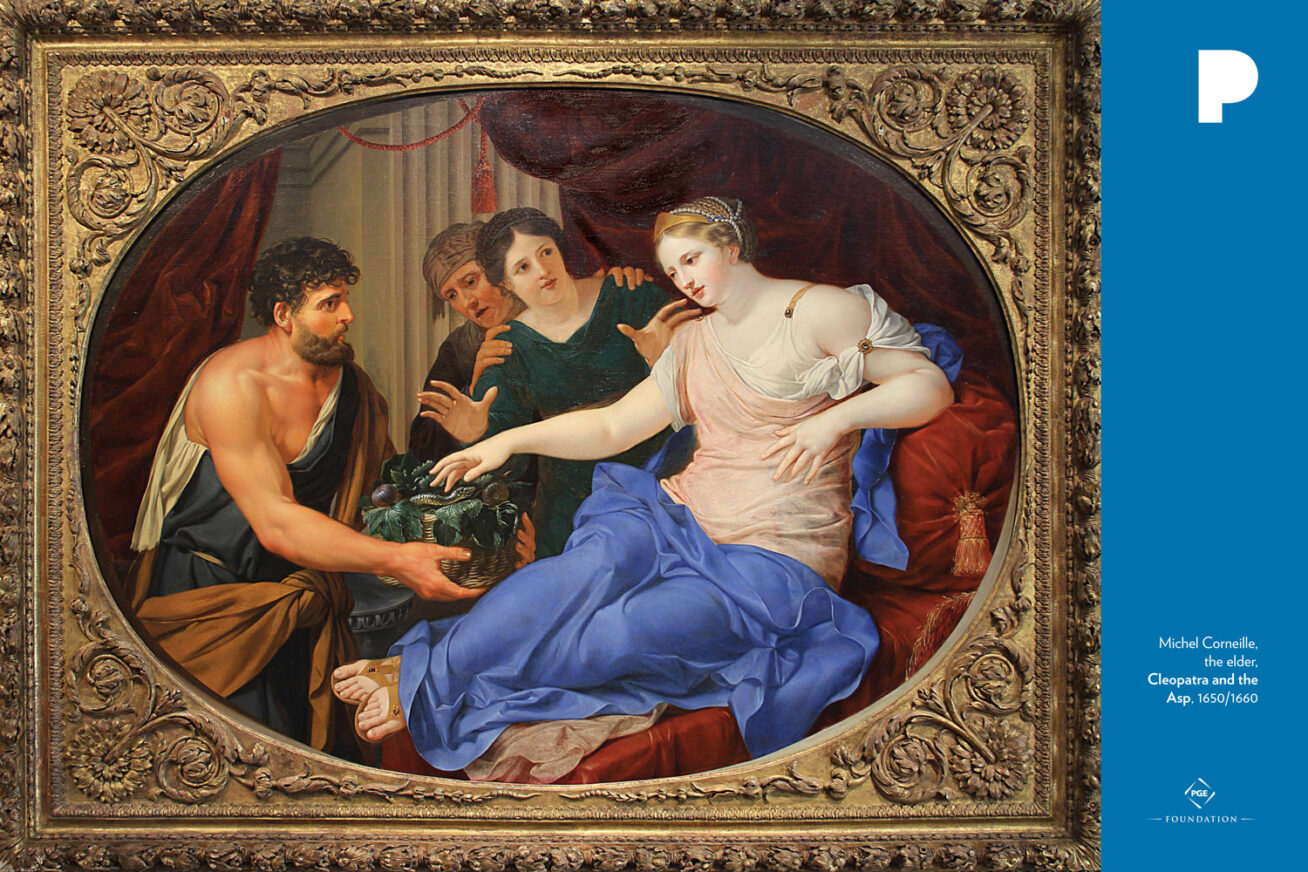 Michel Corneille, the elder (French, 1601/1603–1664)
Cleopatra and the Asp, 1650/1660
oil on canvas
55 x 71 3/8 inches
Gift of the Dr. Henry Victor Adix, Jr. Trust
2001.13