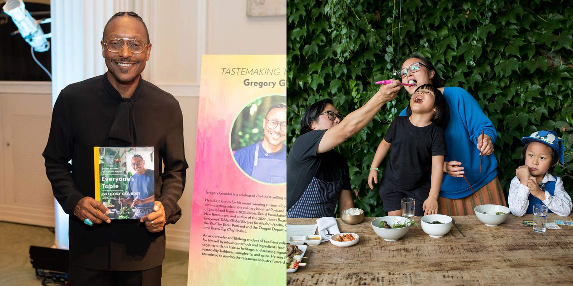 A person holding a book and a group of people at a picnic table eating food.