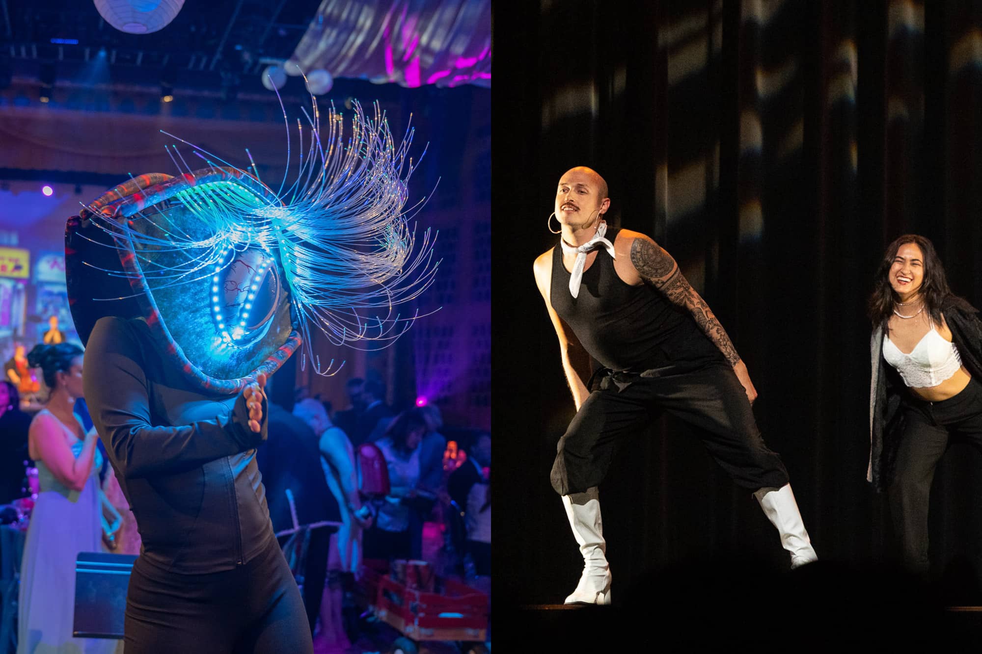 A person wearing a giant eye mask and two people dancing.