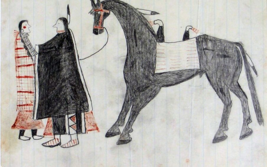 Rectangular line drawing with no modeling on lined white ledger paper (light blue vertical lines). Two figures in profile facing one another stand to left. A large black horse faces the couple in profile, taking up the remaining two thirds of the drawing. The young woman, far left, wears a red-and-white patterned blanket over a red skirt with black leggings and white moccasins. Her black hair is in braids and she has a red circle on her cheek, a bone or shell necklace indicated by black grided lines, and hoop-style earring. The young man figure wears a black blanket with a white stripe at each side, over black leggings with red and white triangle designs, and red and white-striped moccasins. A red stripe is painted along his jawline and a black-tipped white feather is attached to the back of his hair. The horse wears a red bridle, a white double-horned saddle depicted as a rectangle with three rows of horizontal stripes, and a black-tipped feather on his mane and tail. There is no background and the edges of the paper are torn and stained.