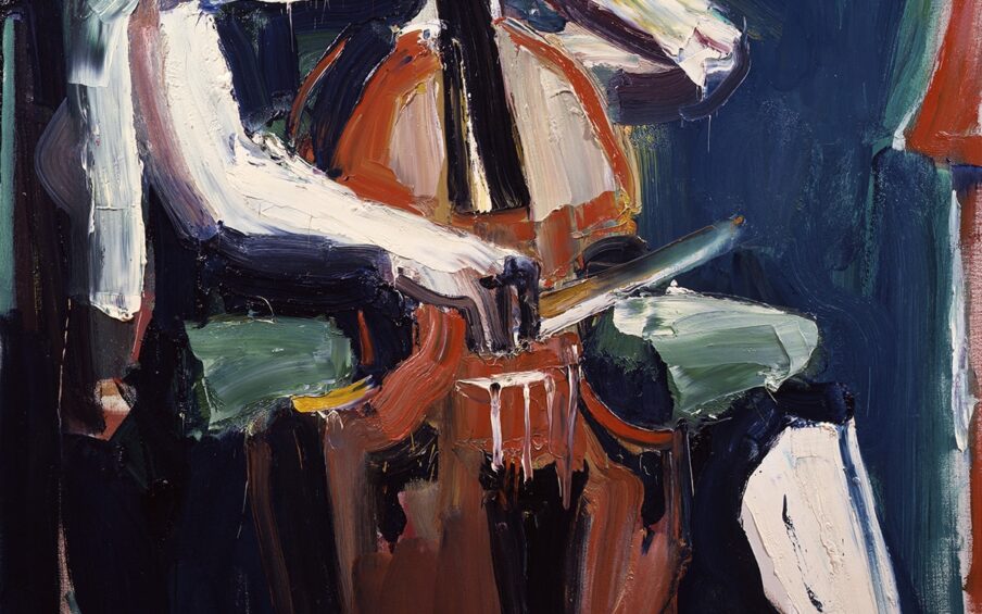 Image descriptions: The Cellist, David Park, 1959, 56 in x 56 in, oil on canvas. 1. A detail of the figure’s right hand gently grasping a bow as it plays a cello. The brushstrokes are wide, generously applied, in strokes of burnt sienna, sage, black, navy, white, and yellow. 2. An overall shot of a square oil painting of an abstracted seated figure playing a cello, rendered in thick impasto-like brushstrokes that just come together to render the scene. The figure is comprised of mostly white brushstrokes and their clothing is black, against a background of sage, orange, cadmium red, dabs of yellow, blue, and navy. The figure's eyes are downcast playing the cello, left arm grasping the cello’s neck and right arm holding the bow. The figure recedes into the background at moments.
