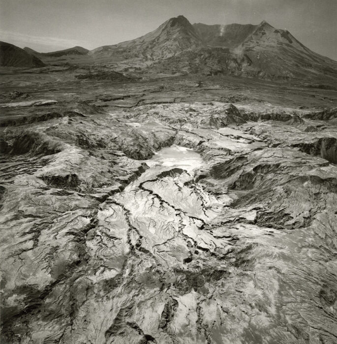 Black and white photo of lava flow from Mount Saint Helens