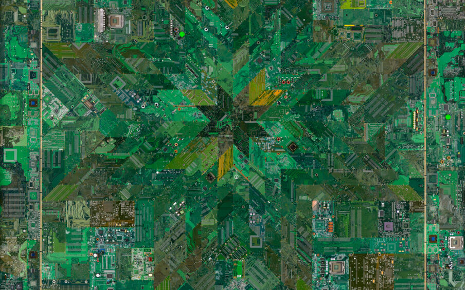 Image of quilt-like artwork made from circuit boards