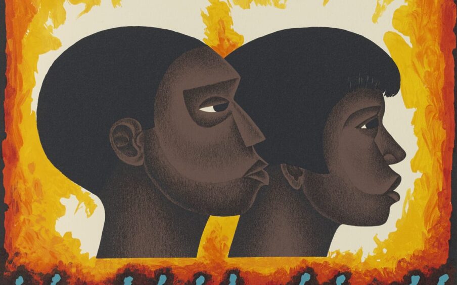 A vertical rectangular book page with an image of the profiles of two heads in the center. The individuals appear to be male presenting and female presenting. Both figures face right, have dark brown skin, black hair, and flat, stylized features. The male-presenting individual has a close cap of hair, the female presenting figure’s hair has longer sides and bangs. Facial features are delineated by sharp, crisp shading around the nose, eyes, mouth, jaw and neck. Their expressions are neutral. Surrounding the heads and over a black background, uneven brushstrokes in bright orange blending to yellow and finally what appears to be the white paper, give the overall suggestion of fire and flames around the two heads. At the bottom edge of the page running from side to side and about one quarter the way up, is a row of silhouetted figures in blue over a black background. They appear to be marching, some with fists raised that almost touch the red and orange flames depicted above them. Their legs cross each other creating an X pattern. Each individual seems to be unique, some with hats or hairstyles evident. The stitching from the binding of the book can be seen at right, running from top to bottom along the extreme left edge. The central image is surrounded by a wide cream border.