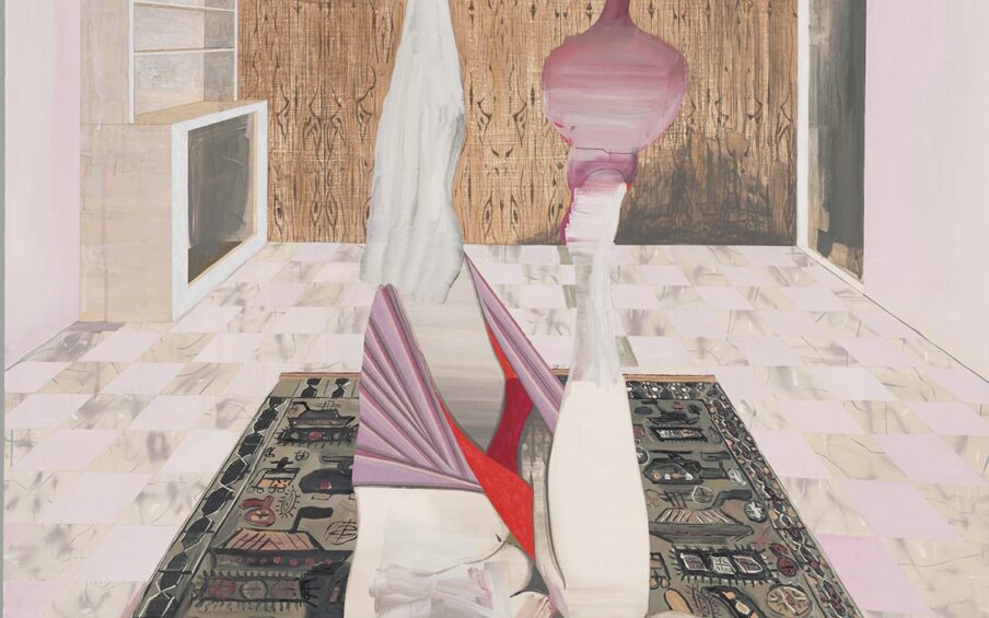 Still Life on War Rug, Elizabeth Malaska, 50 ¼ x 40 ¼ inches, oil, Flashe, charcoal, and graphite on canvas. A vertical rectangular painting of a female figure lying on a rug with her legs raised over her head, balancing a vase on one foot with her arms wrapped around her head. The figure is positioned so the viewer sees her from the front and upside down with her head closest to the bottom of the painting. The leg at left is raised straight into the air and the other is bent with her knee forward, towards the viewer. She balances a long necked, purple vase on this foot. Her arms are positioned over her head and lay on the rug. She is nude from the waist up and wears a light purple skirt with a red lining and red undergarments. Her skin color is creamy white with grey shading. The artist varies the style of brushwork on the figure from smooth and blended to thickly applied with broad strokes. Her face has dark heavy brows, a wide flat mouth, and one undefined eye. She lies on intricately patterned rug with various geometric shapes in taupe, gray, peach, and black. The figure is in a room with a checkerboard tile floor depicted in pale pink and marbled beige, gray, and white. At the rear of the room is a wood panel wall painted in browns with dark lines suggesting wood grain. At right of the wall is a dark doorway and at left is an empty beige bookcase. The walls are pale pink and the ceiling is a grayish beige.