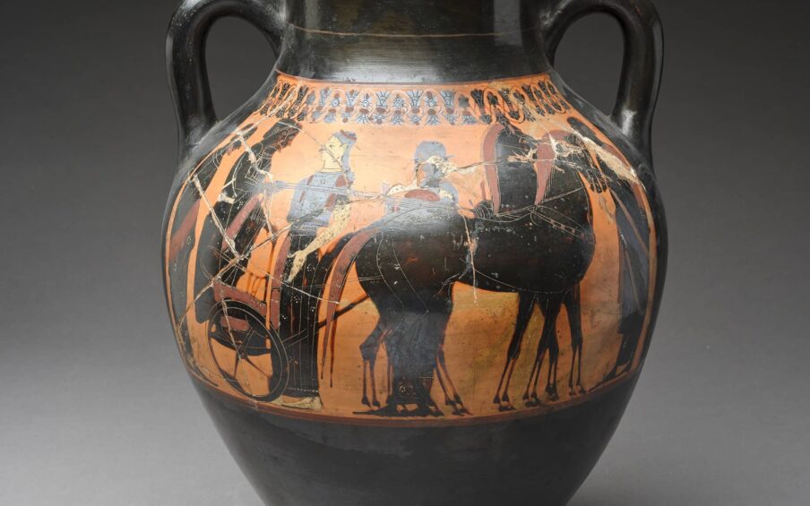 A terracotta amphora with several figures.