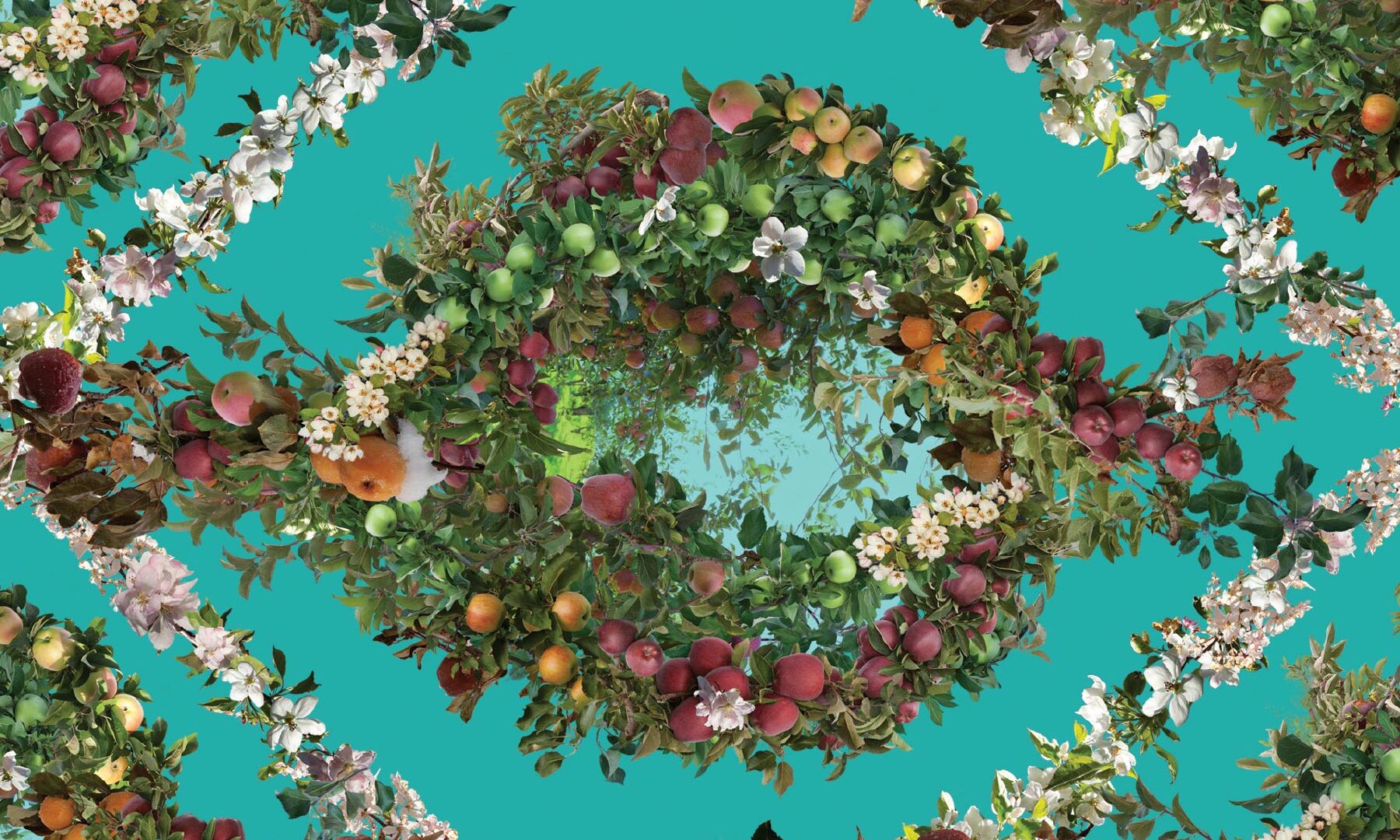 Decorative wallpaper with a teal background, apples and leaves