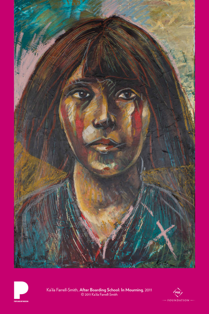 Ka’ila Farrell-Smith (American, Klamath, and Modoc, born 1982)
After Boarding School: In Mourning, 2011
Oil on canvas
36 x 24 inches
Museum Purchase: Funds from Native American Art Council
© 2011 Ka’ila Farrell-Smith
2012.100.1