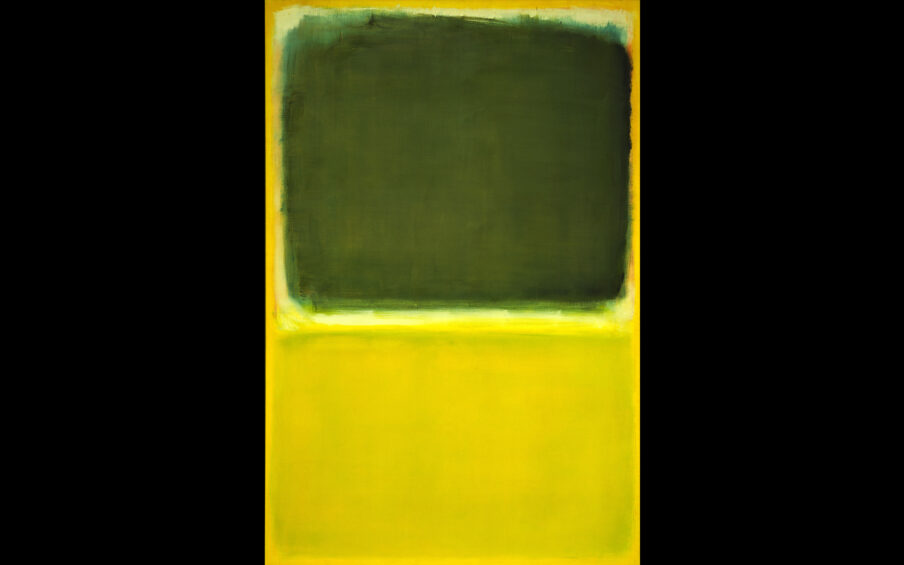 Abstract painting with shades of green and yellow.