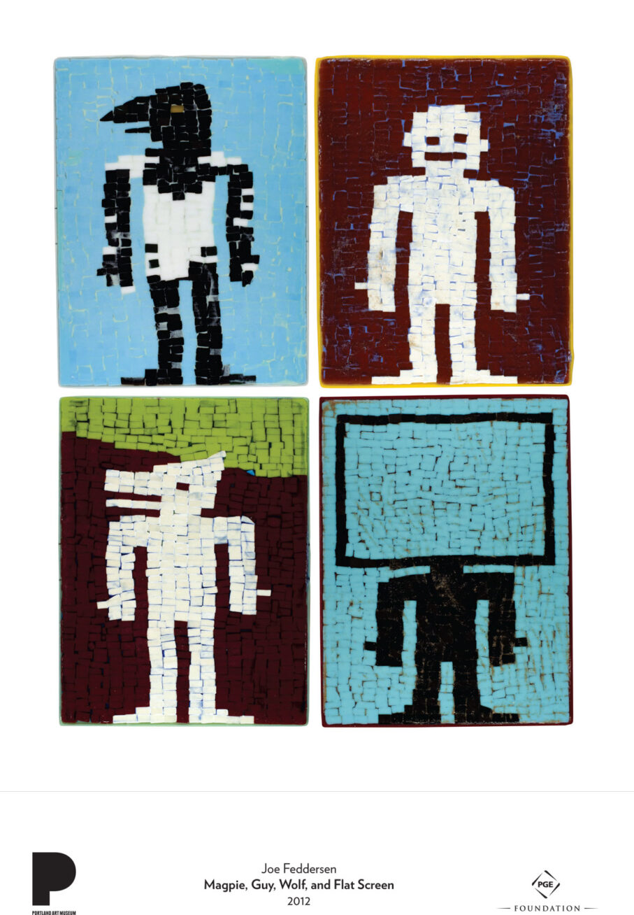 Joe Feddersen (American and Colville, born 1953)
Magpie, Guy, Wolf, and Flat Screen, 2012
Fused glass
19 1/2 x 25 inches each
Museum Purchase: Native American Acquisition Funds
© Joe Feddersen
2012.93.1-4