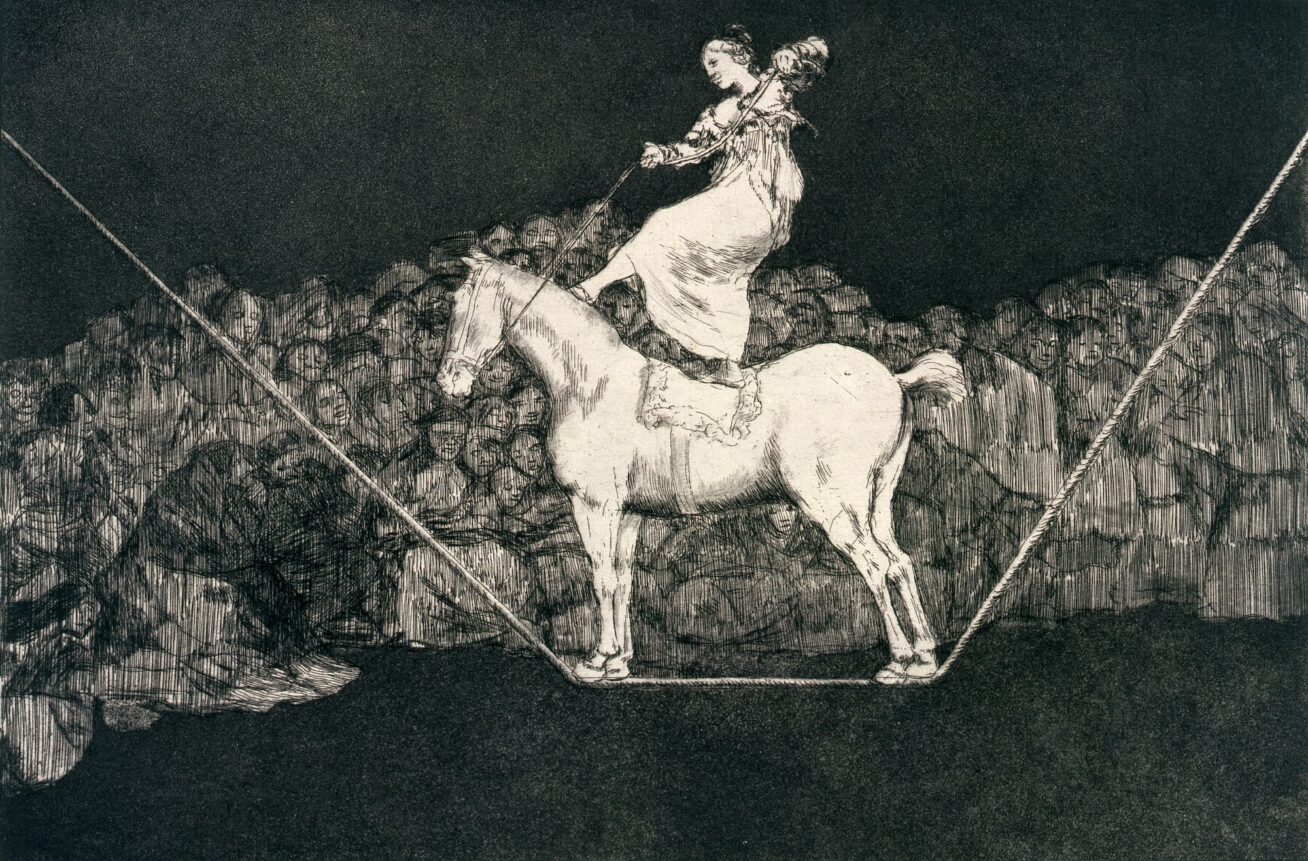 Etching and aquatint of a person balancing on a horse upon a tightrope.