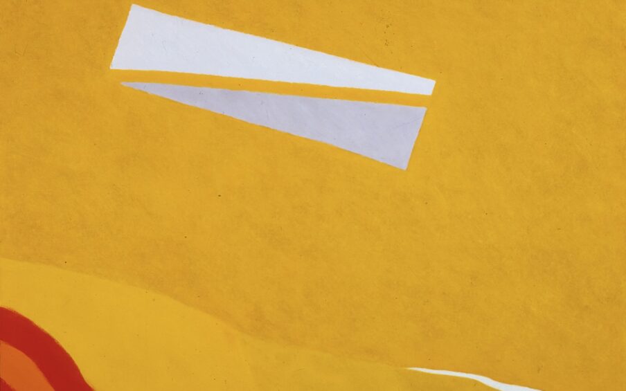 Image description: 1. Consanguineous, Frank Okada, oil on canvas, 72 x 72 inches. A square abstract painting featuring bold colors on a largely deep yellow ground. The lower left corner holds an arc of undulating stripes that dip slightly in their center. The stripes alternate from vivid red to orange then back to red again. A rectangular shape composed of trapezoidal shapes and stripes juts downward into the center space from the top center. The rectangle sits at an angle slanted to the left. It begins with a brilliant blue at the middle top of the painting followed by a thin stripe of deep red, then a dark olive-green trapezoid. A golden yellow that matches the background color follows, forming another trapezoid. It is followed by a cream trapezoid separated by narrow golden yellow stripe from a pale gray trapezoid shape. The textured golden yellow ground is bisected horizontally two thirds of the way down from the top. The upper portion of the painting is the largest segment with the bottom third containing the red and orange arc and three more golden yellow segments. The segments differ slightly in hue. The lightest is at left next to the red/orange arc. The remaining two segments continue to the right with a thin, sharp uneven streak of cream interrupting the yellow ground from the lower right edge. Brushstrokes are clearly visible with the edges of the shapes being slightly ragged and uneven.