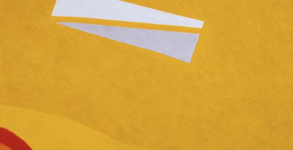 Image description: 1. Consanguineous, Frank Okada, oil on canvas, 72 x 72 inches. A square abstract painting featuring bold colors on a largely deep yellow ground. The lower left corner holds an arc of undulating stripes that dip slightly in their center. The stripes alternate from vivid red to orange then back to red again. A rectangular shape composed of trapezoidal shapes and stripes juts downward into the center space from the top center. The rectangle sits at an angle slanted to the left. It begins with a brilliant blue at the middle top of the painting followed by a thin stripe of deep red, then a dark olive-green trapezoid. A golden yellow that matches the background color follows, forming another trapezoid. It is followed by a cream trapezoid separated by narrow golden yellow stripe from a pale gray trapezoid shape. The textured golden yellow ground is bisected horizontally two thirds of the way down from the top. The upper portion of the painting is the largest segment with the bottom third containing the red and orange arc and three more golden yellow segments. The segments differ slightly in hue. The lightest is at left next to the red/orange arc. The remaining two segments continue to the right with a thin, sharp uneven streak of cream interrupting the yellow ground from the lower right edge. Brushstrokes are clearly visible with the edges of the shapes being slightly ragged and uneven.