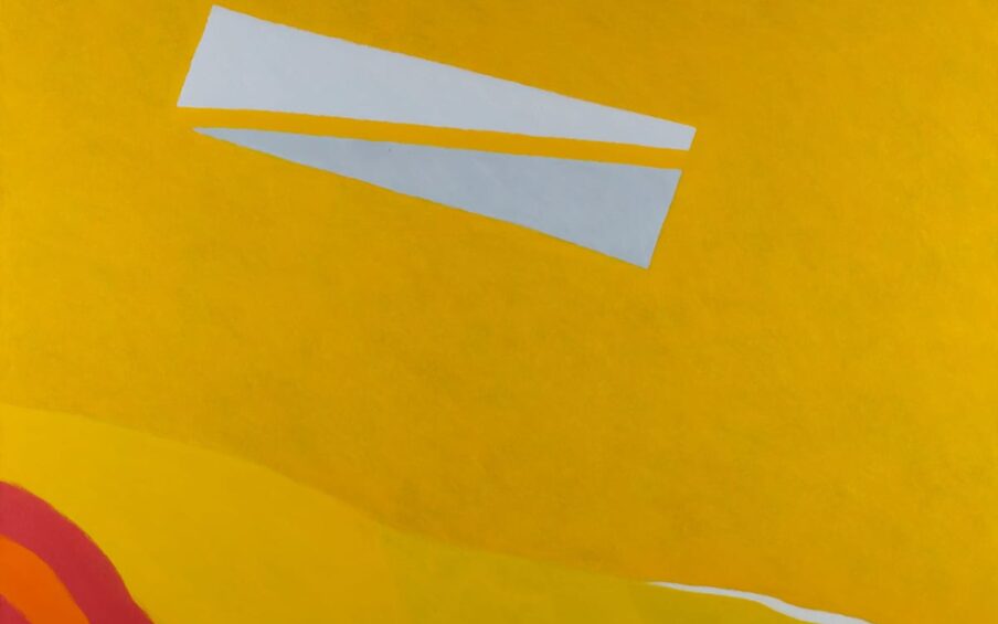 Consanguineous, Frank Okada, oil on canvas, 72 x 72 inches. A square abstract painting featuring bold colors on a largely deep yellow ground. The lower left corner holds an arc of undulating stripes that dip slightly in their center. The stripes alternate from vivid red to orange then back to red again. A rectangular shape composed of trapezoidal shapes and stripes juts downward into the center space from the top center. The rectangle sits at an angle slanted to the left. It begins with a brilliant blue at the middle top of the painting followed by a thin stripe of deep red, then a dark olive-green trapezoid. A golden yellow that matches the background color follows, forming another trapezoid. It is followed by a cream trapezoid separated by narrow golden yellow stripe from a pale gray trapezoid shape. The textured golden yellow ground is bisected horizontally two thirds of the way down from the top. The upper portion of the painting is the largest segment with the bottom third containing the red and orange arc and three more golden yellow segments. The segments differ slightly in hue. The lightest is at left next to the red/orange arc. The remaining two segments continue to the right with a thin, sharp uneven streak of cream interrupting the yellow ground from the lower right edge. Brushstrokes are clearly visible with the edges of the shapes being slightly ragged and uneven.