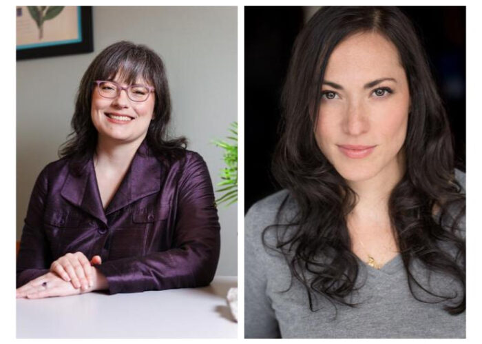 Two photos of women with long brown hair, the one on the left wearing a purple shirt and purple eyeglasses, the one on the right wearing a grey sweater and a gold necklace.