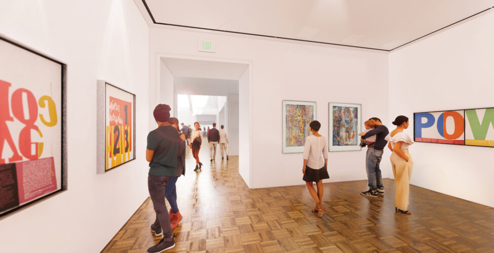 Rendering of one of the new Rothko Pavilion galleries with framed art hanging on white walls and people walking around looking at the art