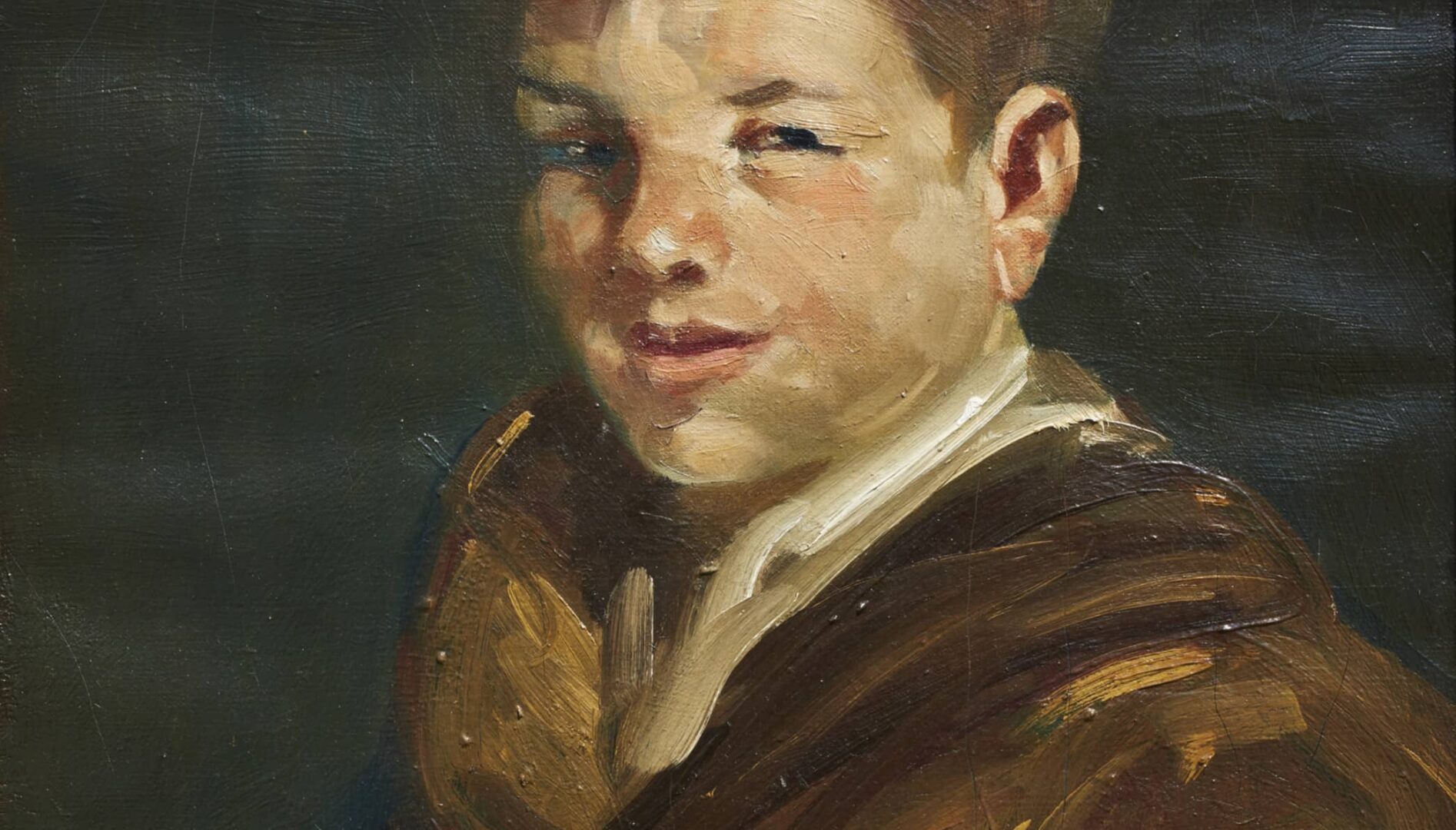 A painted portrait of a young person wearing a brown coat.