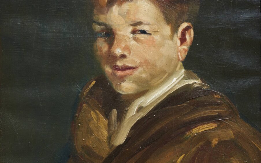 A painted portrait of a young person wearing a brown coat.