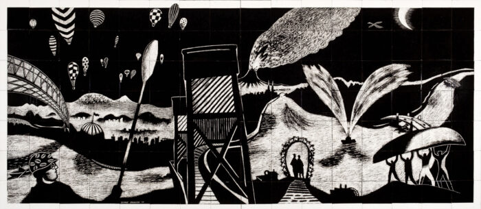 George Johanson American, born 1928 Under the Volcano, 1984 Color etching on paper Plate: 18 x 47 3/4 inches; sheet: 21 1/8 in x 50 5/8 inches Portland Art Museum, Gift of the Artist, 90.29.3