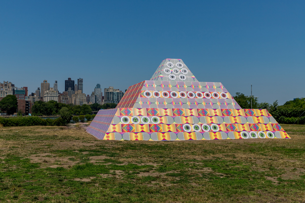 Jeffrey Gibson, Because Once You Enter My House It Becomes Our House, 2020. Metal frame, plywood, lithograph posters, archival pigment posters, wheat paste. 21 x 44 x 44 ft. Photo by: Brian Barlow.